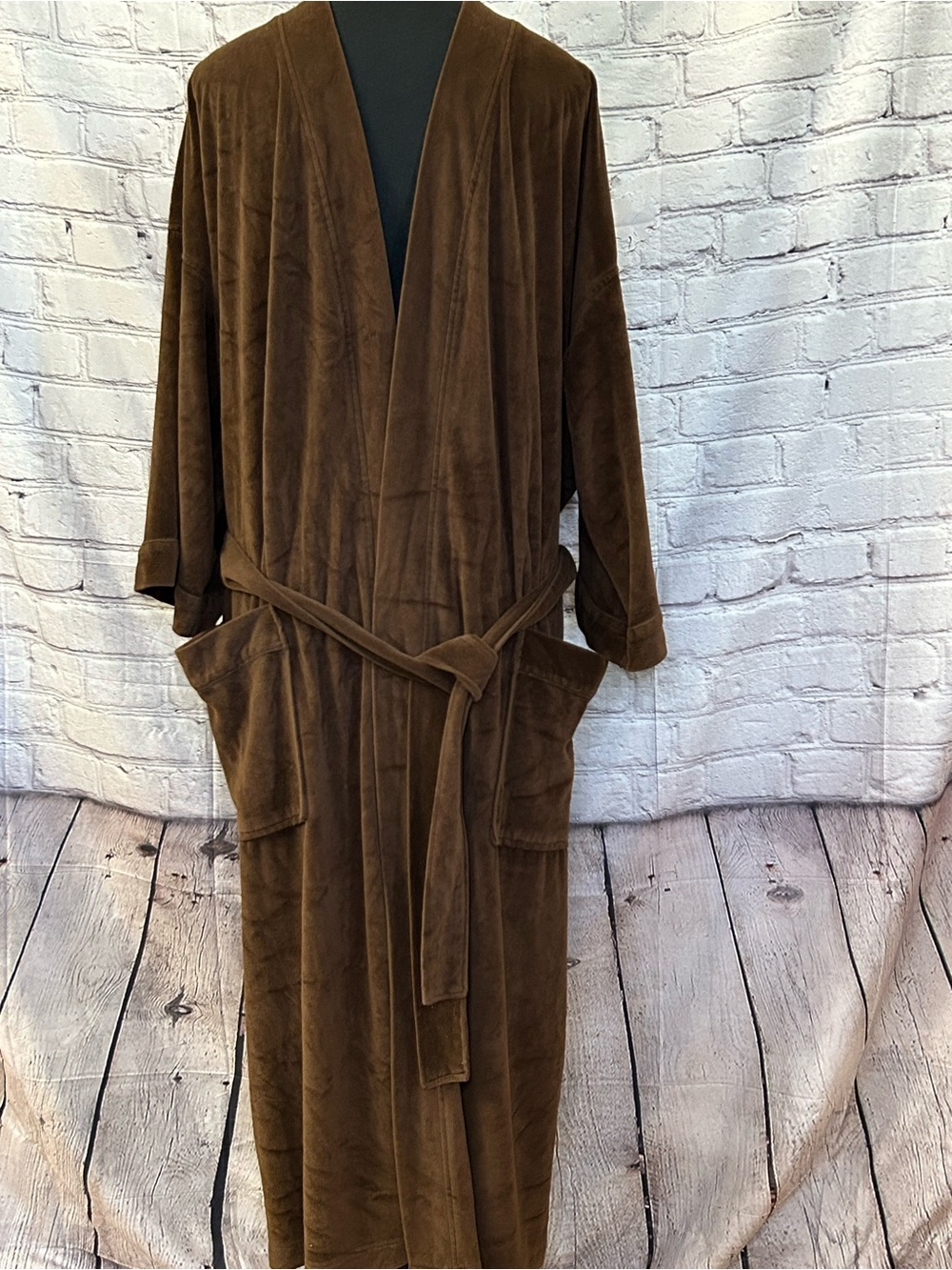 Brown Men's Long Plush Robe Jacket with Belt